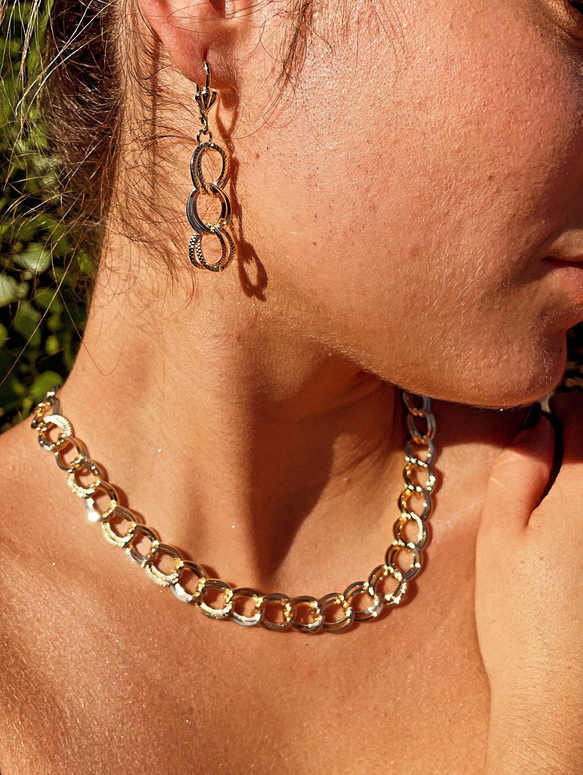 Chunky Hollowed 18k Gold Filled Double Rugged Link Light Set Necklace, Earrings and Bracelet,
