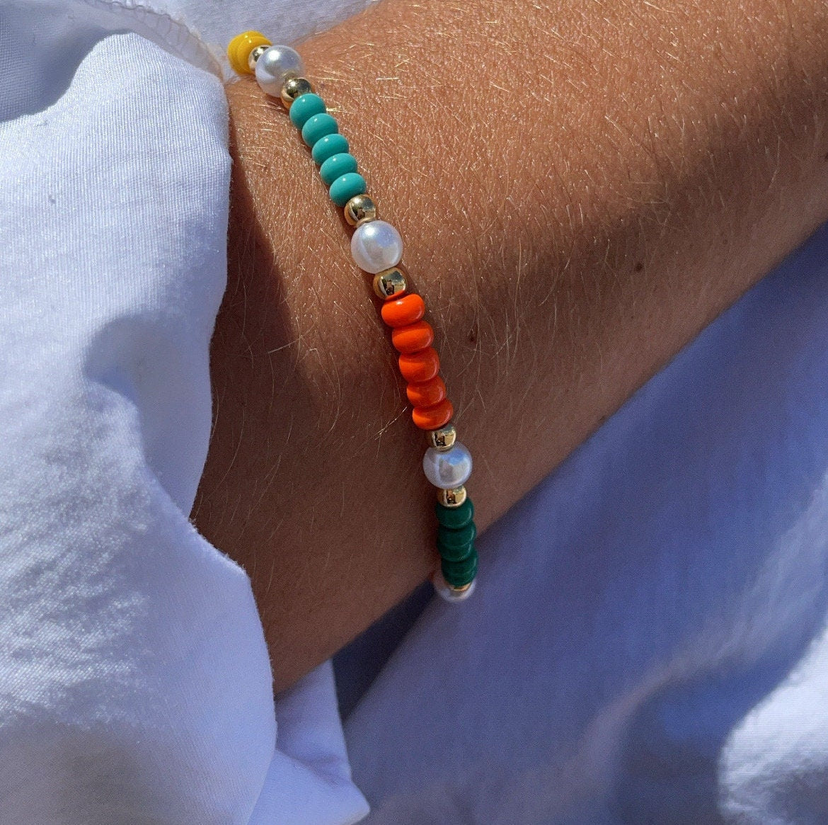 18k Gold Filled Colorful Bead And Pearl Bracelet, Stackable Color Bracelet,