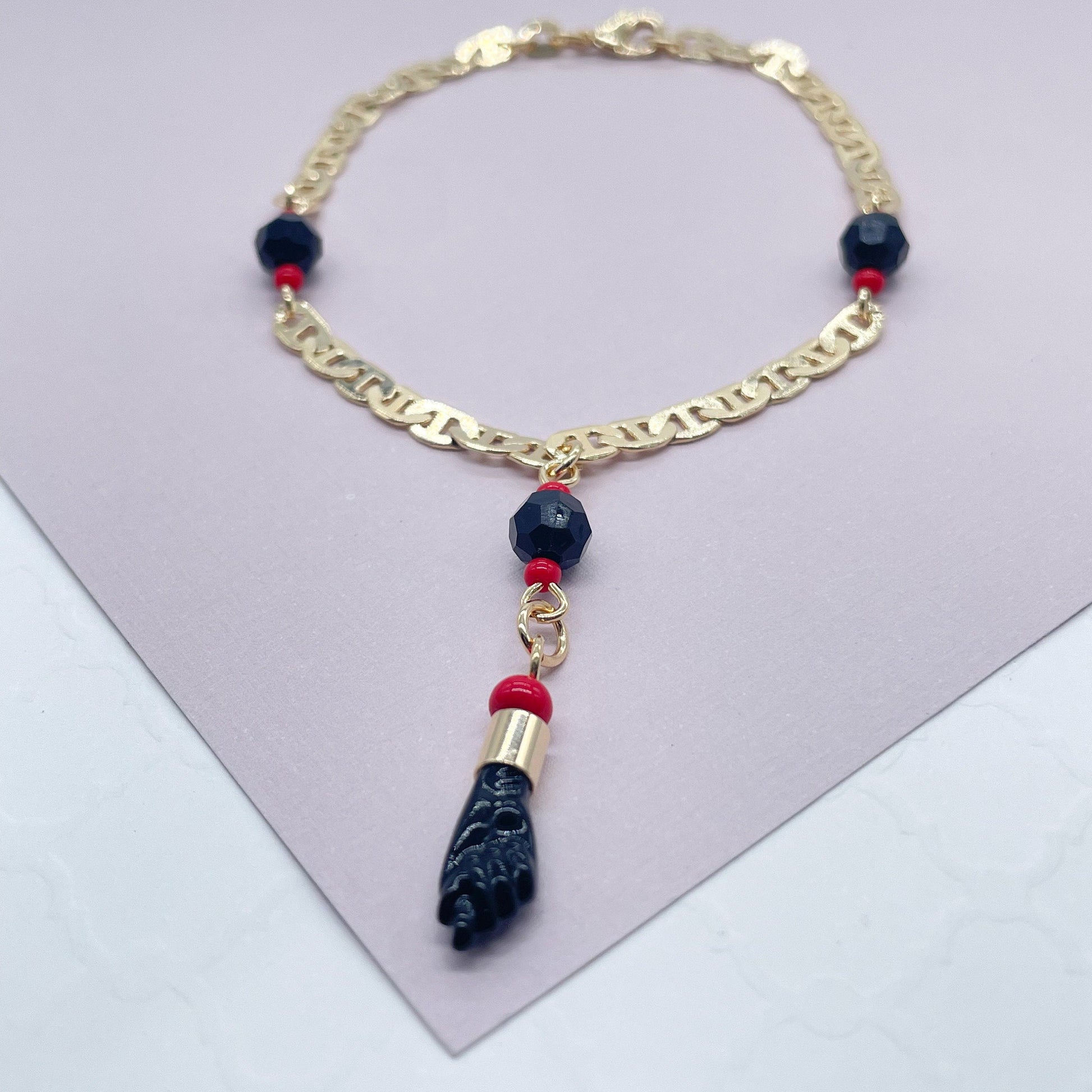 18k Gold Filled Mariner Link Bracelet Featuring Figa And Simulated Azabaches for