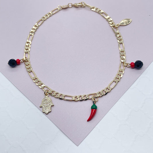 18k Gold Filled Figaro Anklet: Hamsa, Azabache, Chili, Evil Eye Charms