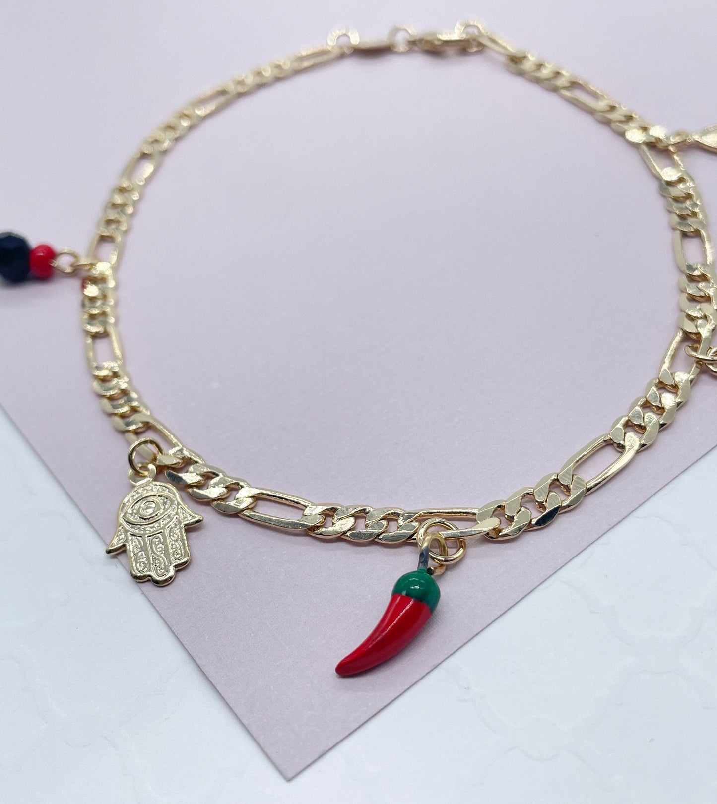 18k Gold Filled 4mm Figaro Link Charm Anklet Featuring Hamsa, Simulated