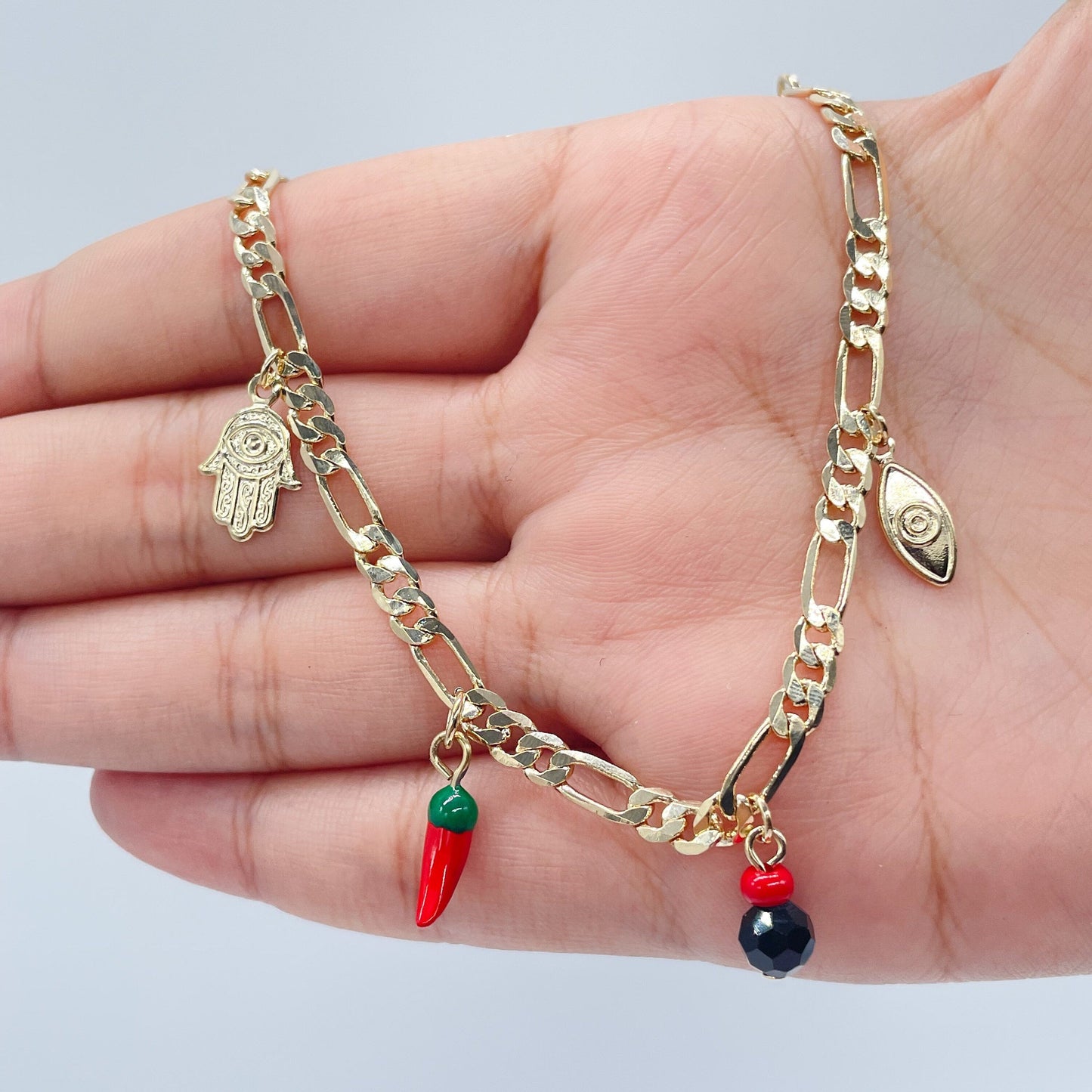 18k Gold Filled 4mm Figaro Link Charm Anklet Featuring Hamsa, Simulated