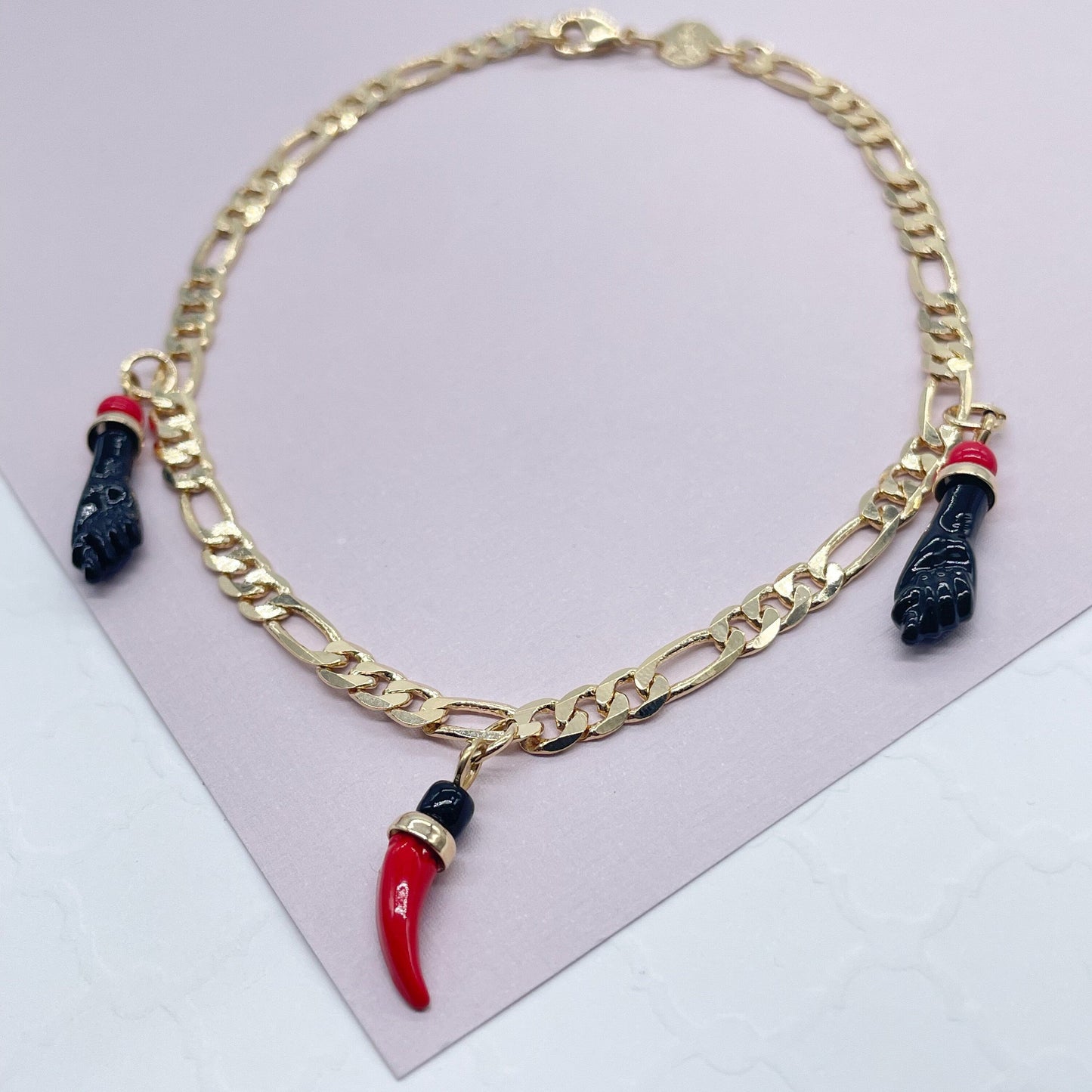 4mm 18k Gold Filled Figaro Charm Anklet Featuring Chili Luck & Black Figa Hand Protection, Good tune Luck