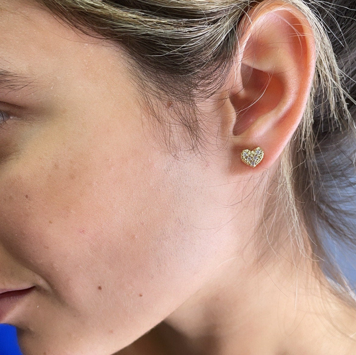 18k Gold Filled Dainty Design Pattern Small Heart Stud Earrings Featuring Micro Cubic Zirconia