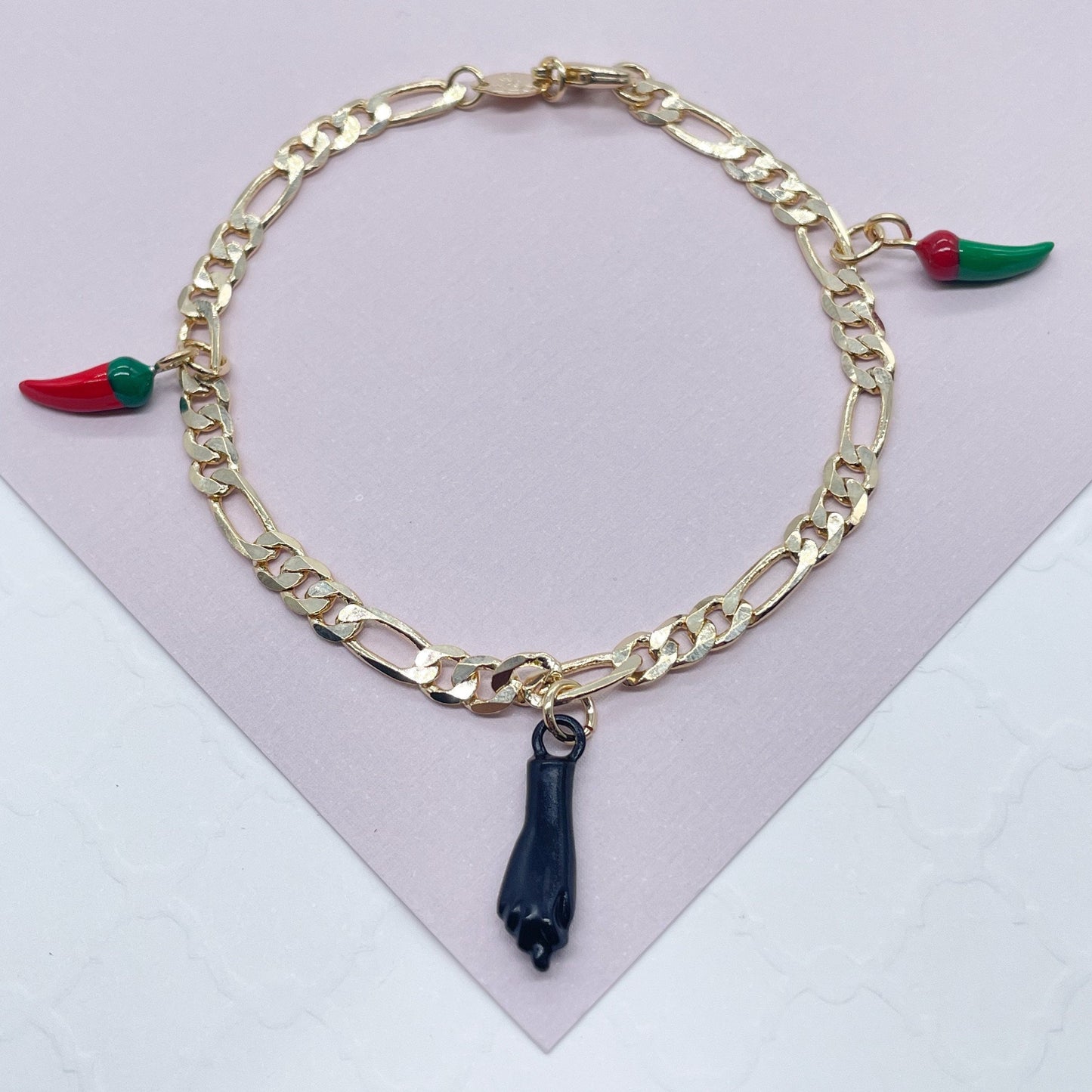 18k Gold Layered 4mm Figaro Charm Bracelet With Black Figa Hand and Black & Green