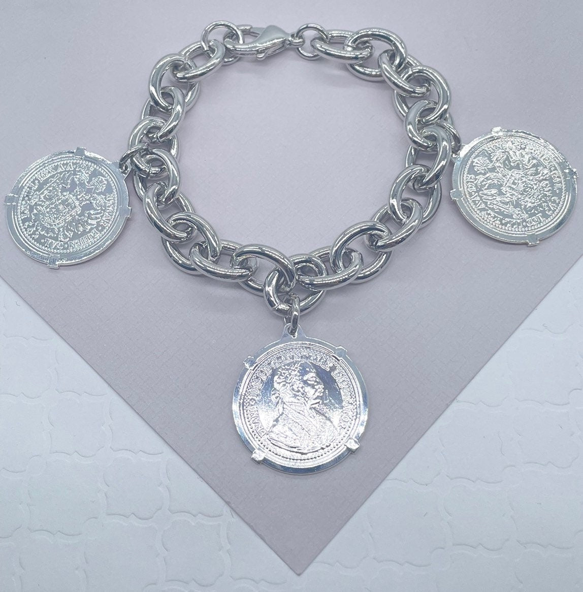 Chunky 18k Gold Filled Coin Money Medallion Charm Bracelet Coin Pendants Lucky Bracelet Link Chain