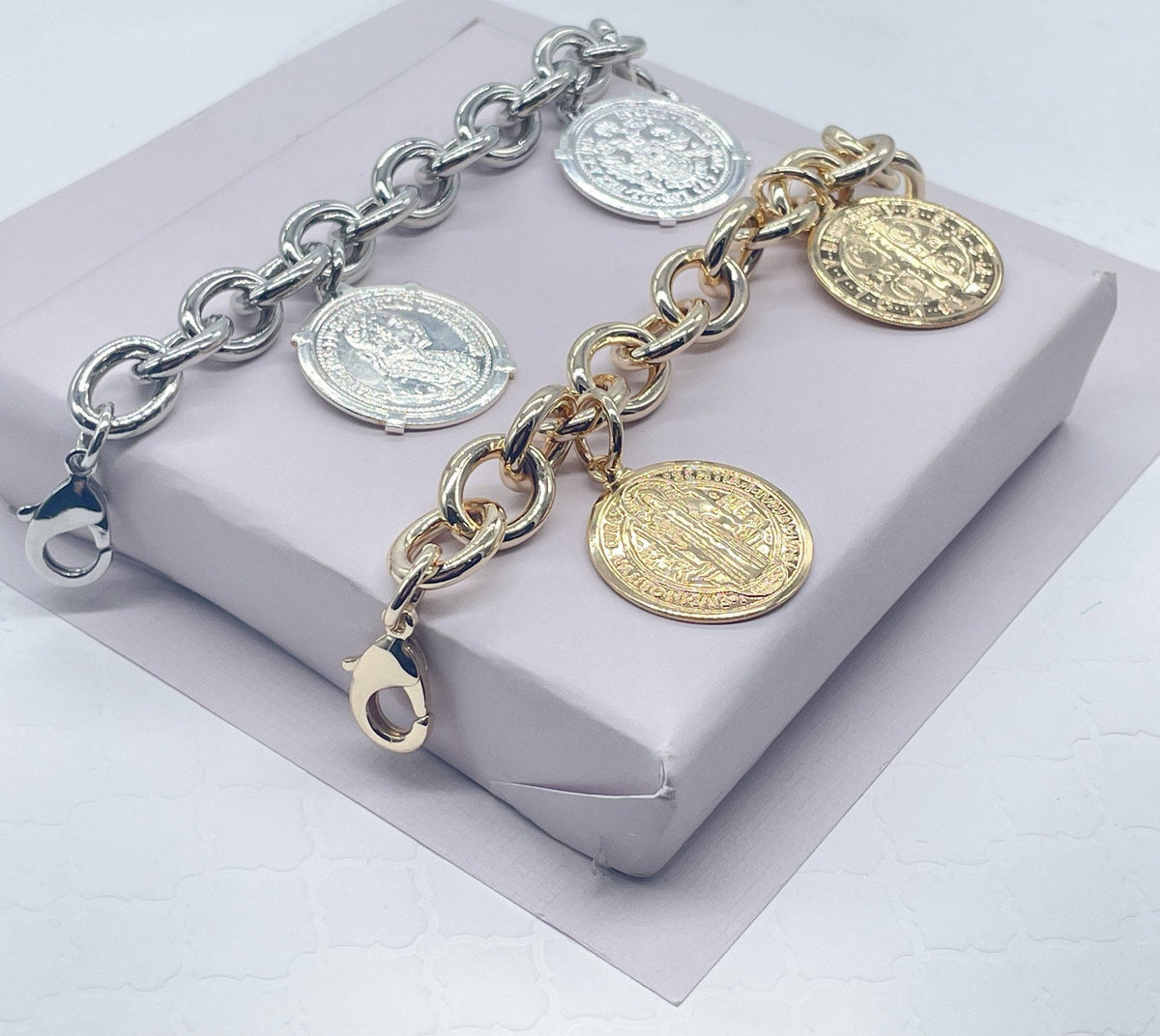 Chunky 18k Gold Filled Coin Charm Bracelet: Saint Benedict Medallion