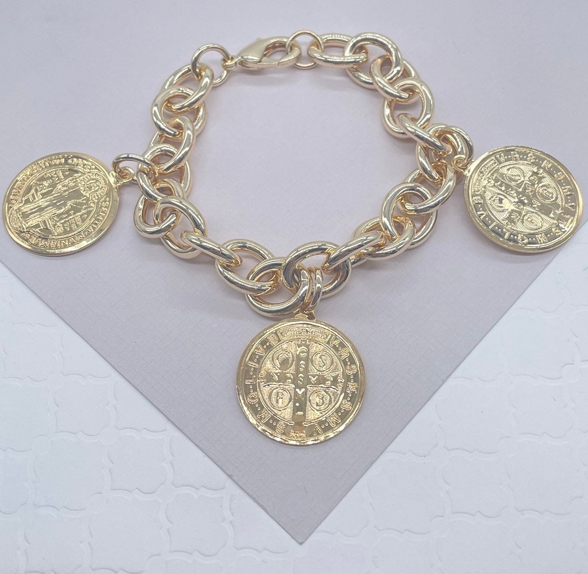 Chunky 18k Gold Filled Coin Charm Bracelet: Saint Benedict Medallion
