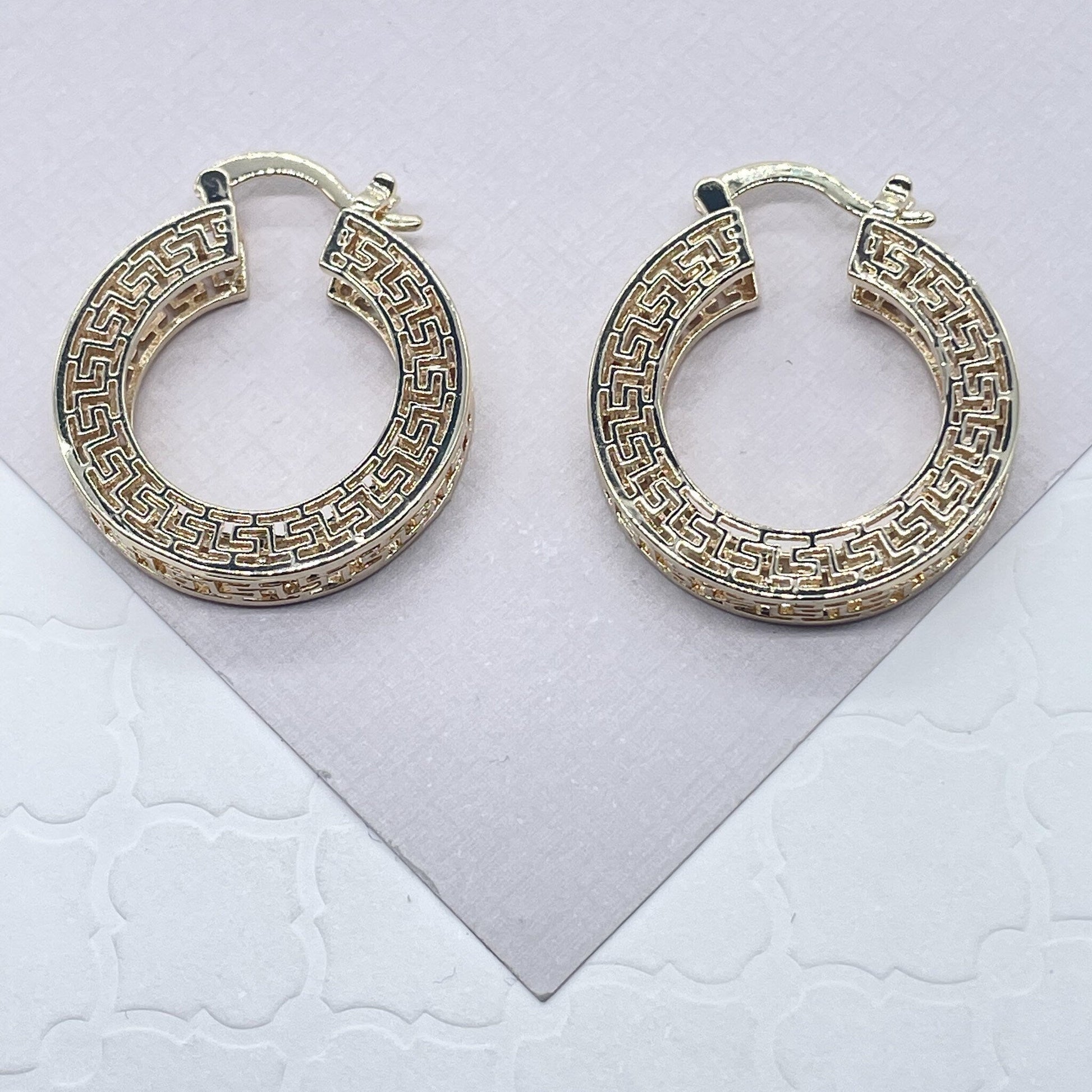 Gorgeous Unique 18k Gold Filled Geometric Three Sides Roman Patterned Hoop Earrings Jewelry Luxury Fine Woman