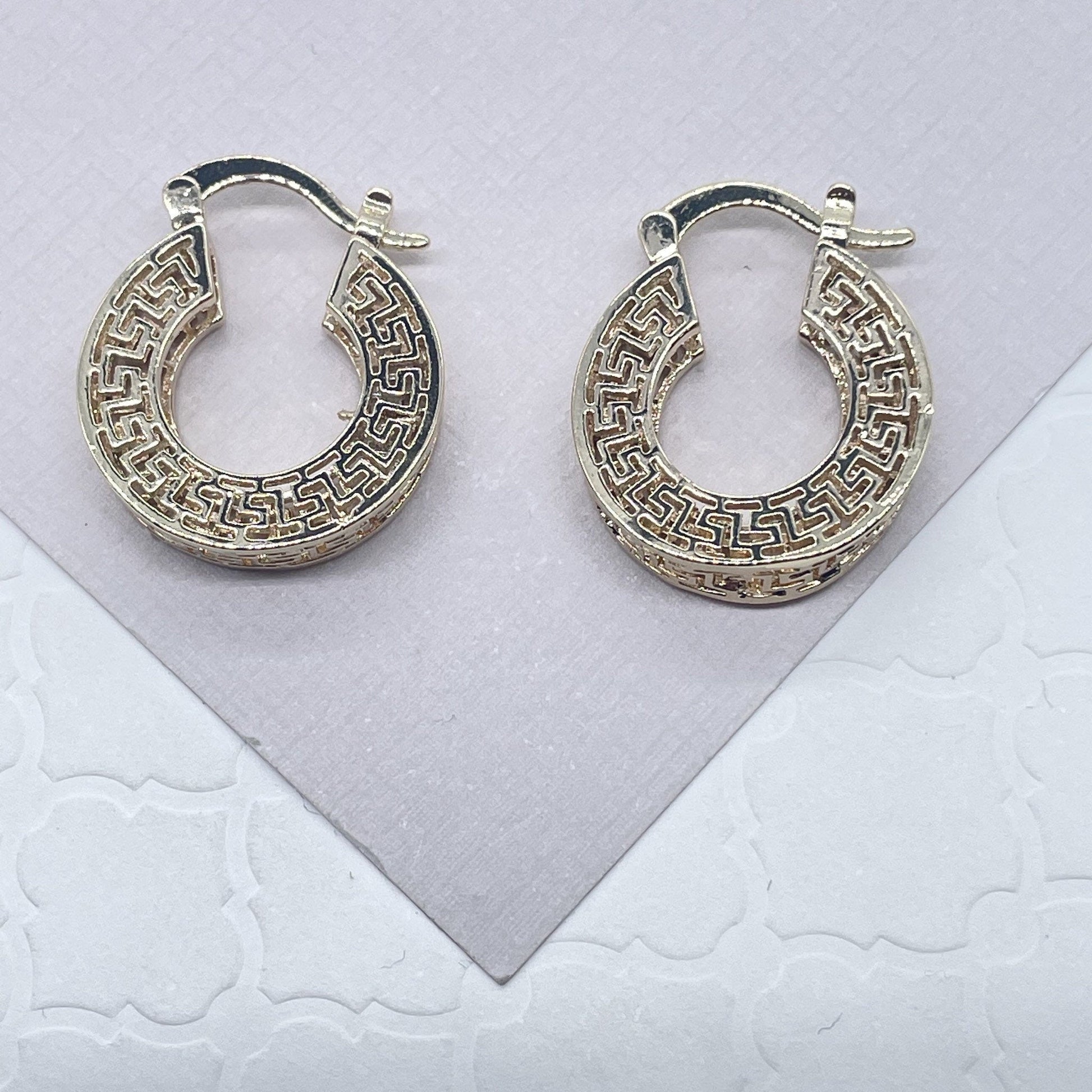 Gorgeous Unique 18k Gold Filled Geometric Three Sides Roman Patterned Hoop Earrings Jewelry Luxury Fine Woman