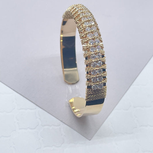 18k Gold Filled Flat Plain Cuff Bracelet Hand Wrapped Twisted Gold Thread Featuring Two Rows Of Cubic Zirconia Stones Jewelry