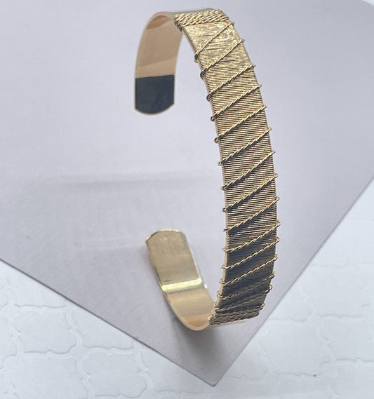 18k Gold Filled Flat Plain Cuff Bracelet Wrapped With Gold Thread, Gold