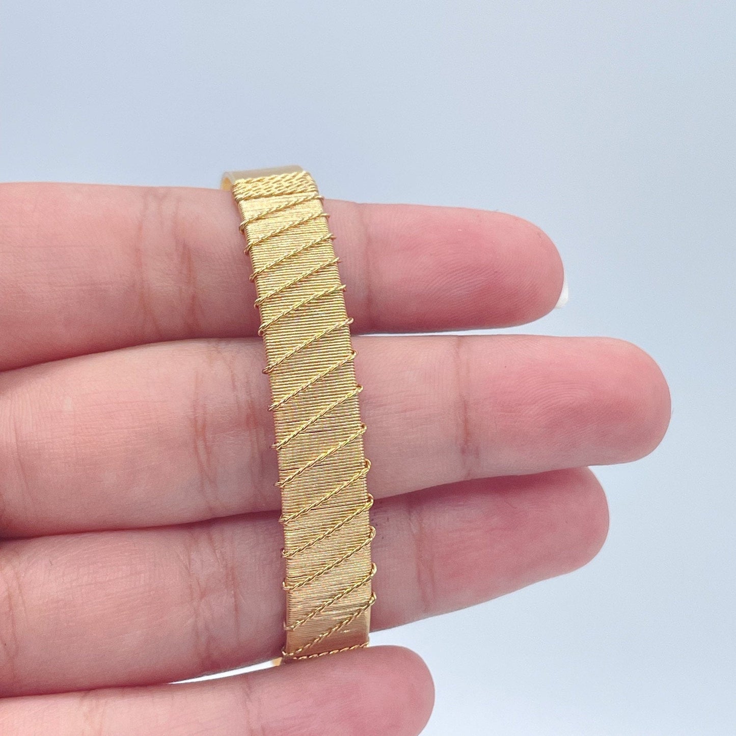 18k Gold Filled Flat Plain Cuff Bracelet Wrapped With Gold Thread, Gold