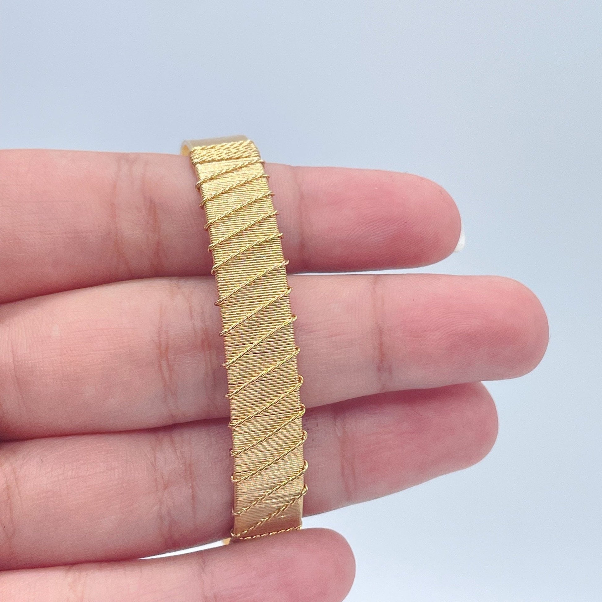 18k Gold Filled Flat Plain Cuff Bracelet Wrapped With Gold Thread, Gold