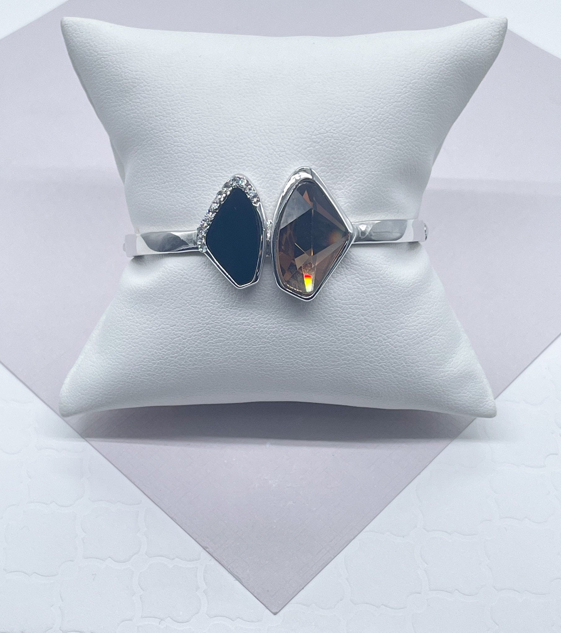 Silver Filled Cuff Bracelet With Simulated Soft Brown and Black Stones Partially Layered With Micro Pave Cubic Zirconia