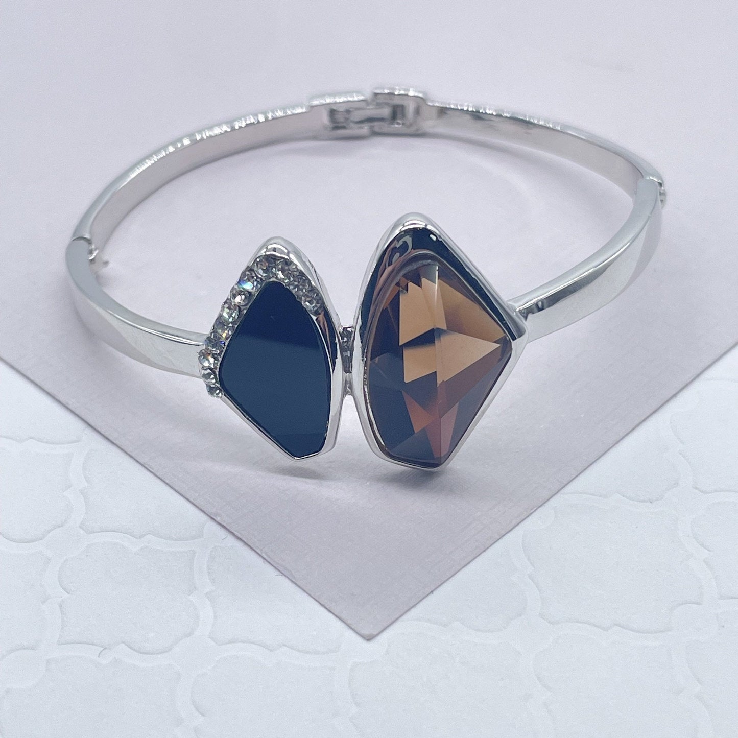 Silver Filled Cuff Bracelet With Simulated Soft Brown and Black Stones Partially Layered With Micro Pave Cubic Zirconia