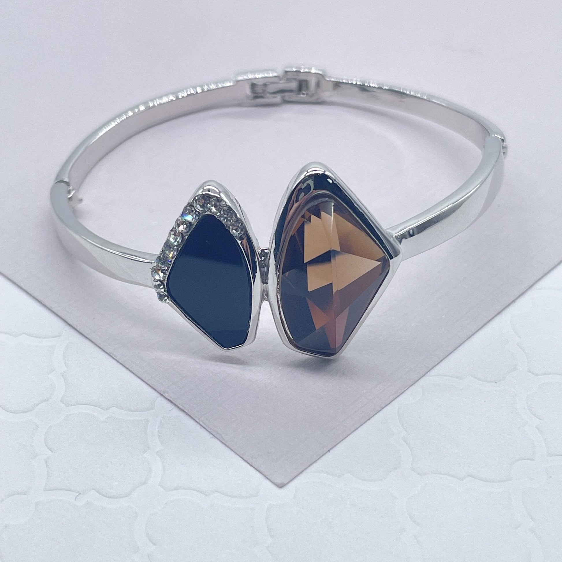 Silver Filled Cuff Bracelet With Simulated Soft Brown and Black Stones Partially Layered With Micro Pave Cubic Zirconia