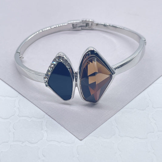 Silver Filled Cuff Bracelet With Simulated Soft Brown and Black Stones Partially Layered With Micro Pave Cubic Zirconia
