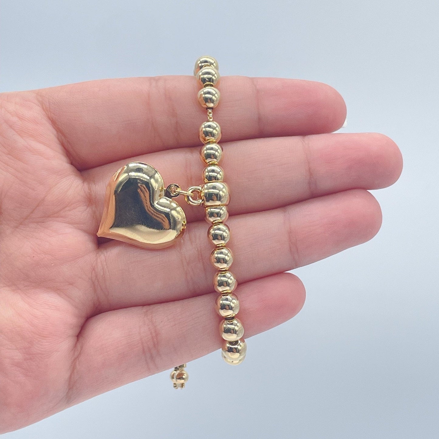 18k Gold Filled Adjustable Gold Beaded Bracelet Featuring Chunky Plain Gold