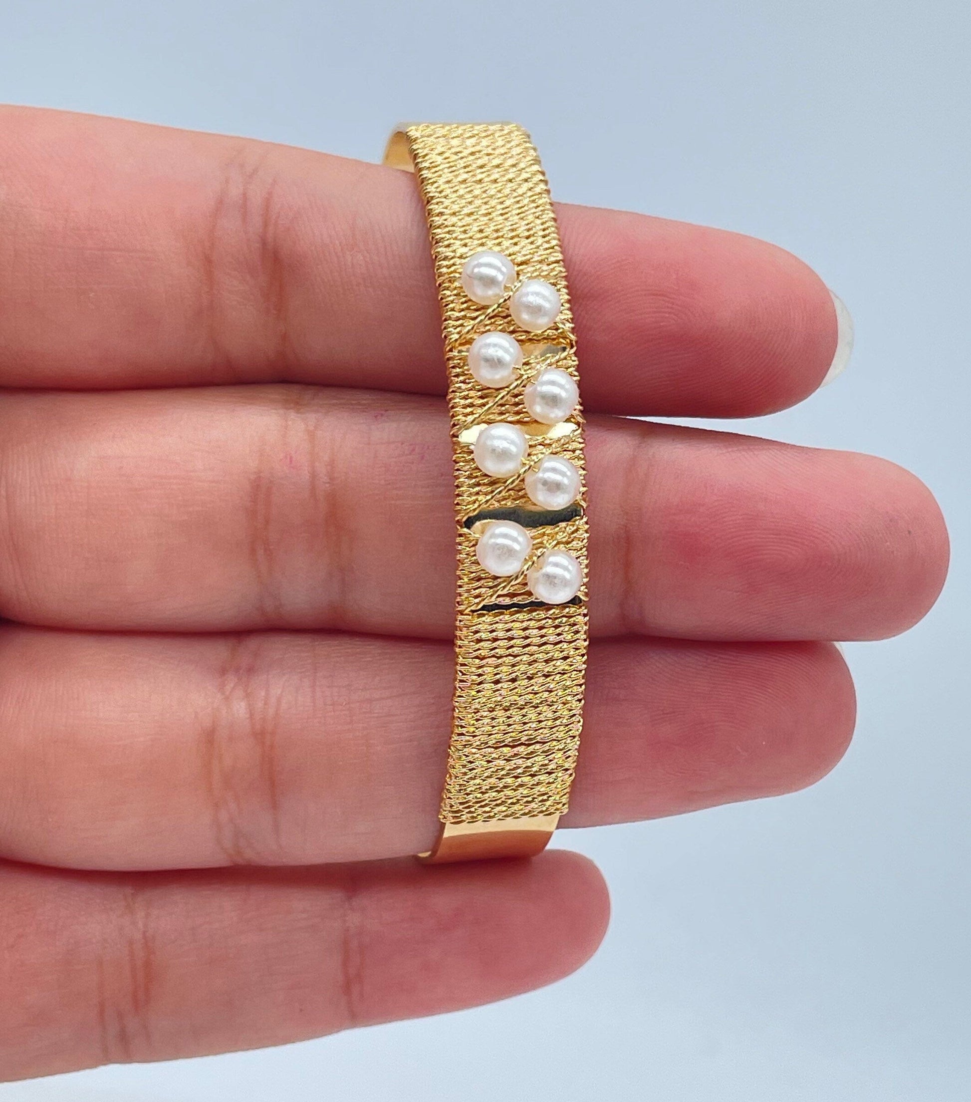 18k Gold Filled Plain Cuff Bracelet Wrapped In Gold Thread And Pearls Detail,