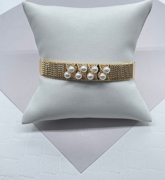 18k Gold Filled Plain Cuff Bracelet Wrapped In Gold Thread And Pearls Detail,