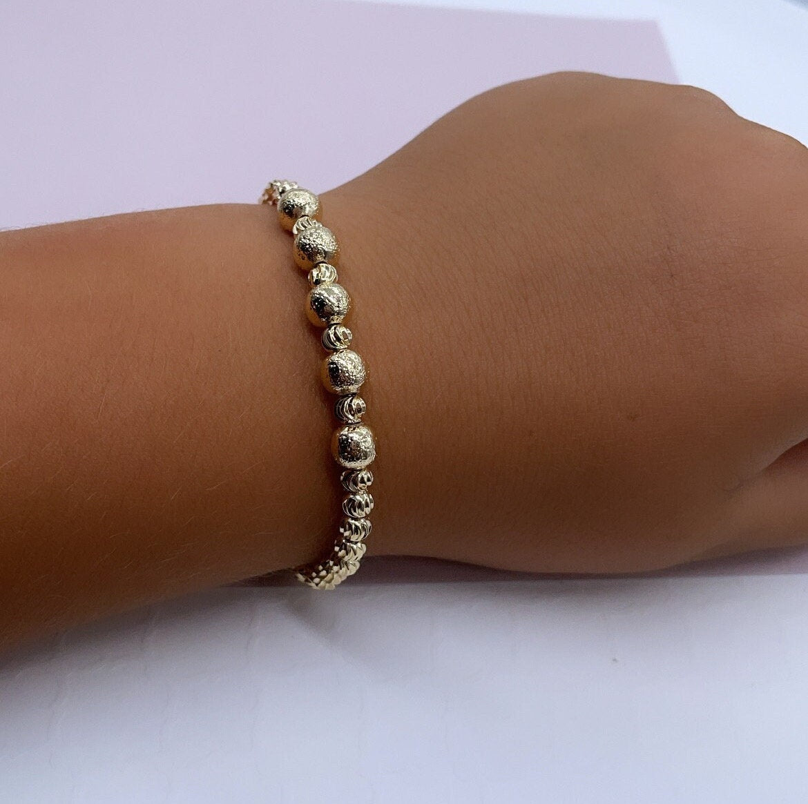 18k Gold Filled Crackle Beaded Kids Bracelet Featuring Fancy Corrugated Small