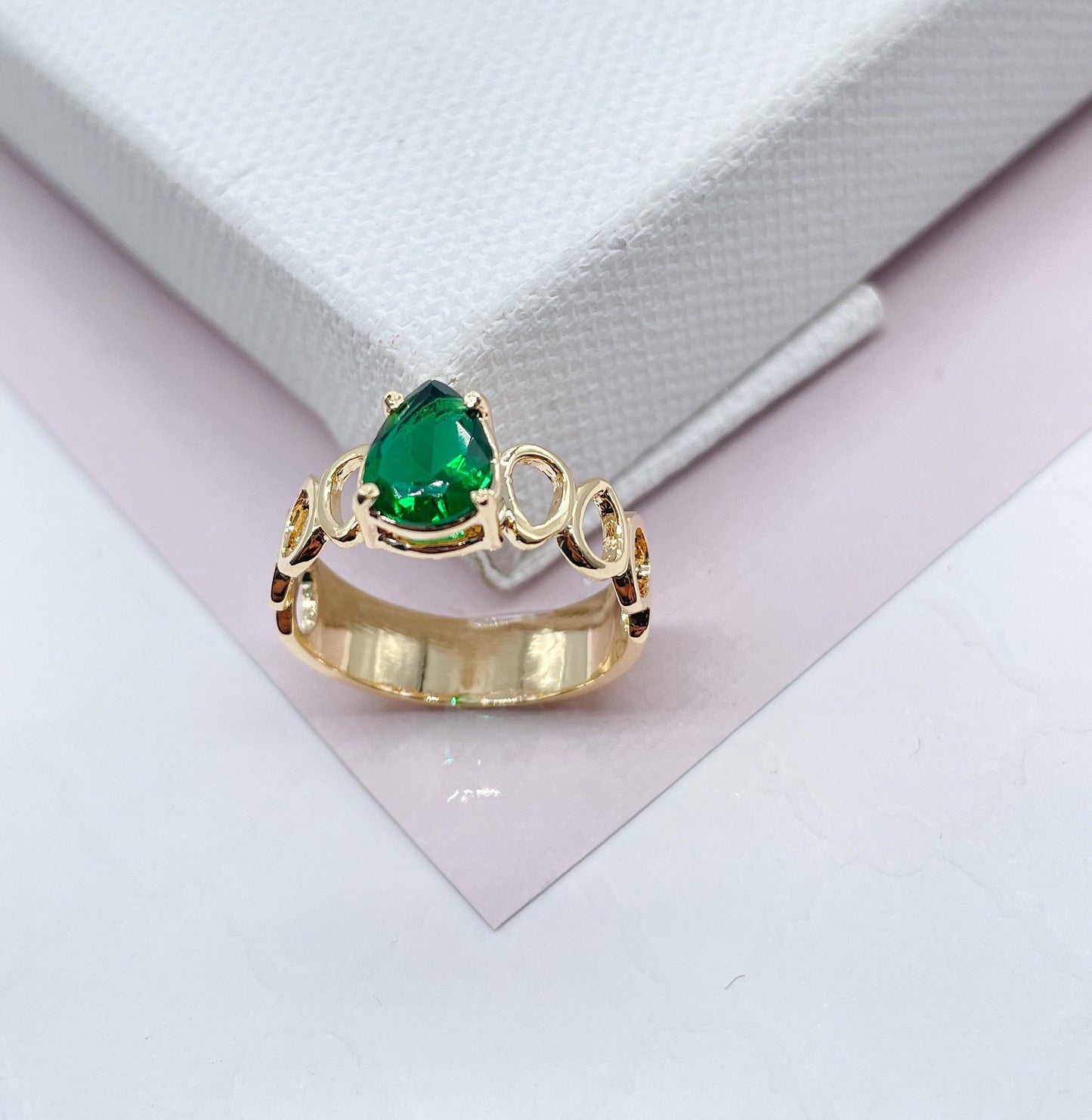 18k Gold Filled Ring Featuring Solitaire Tear Drop Shaped Stone Available In Assorted Colors Jewelry