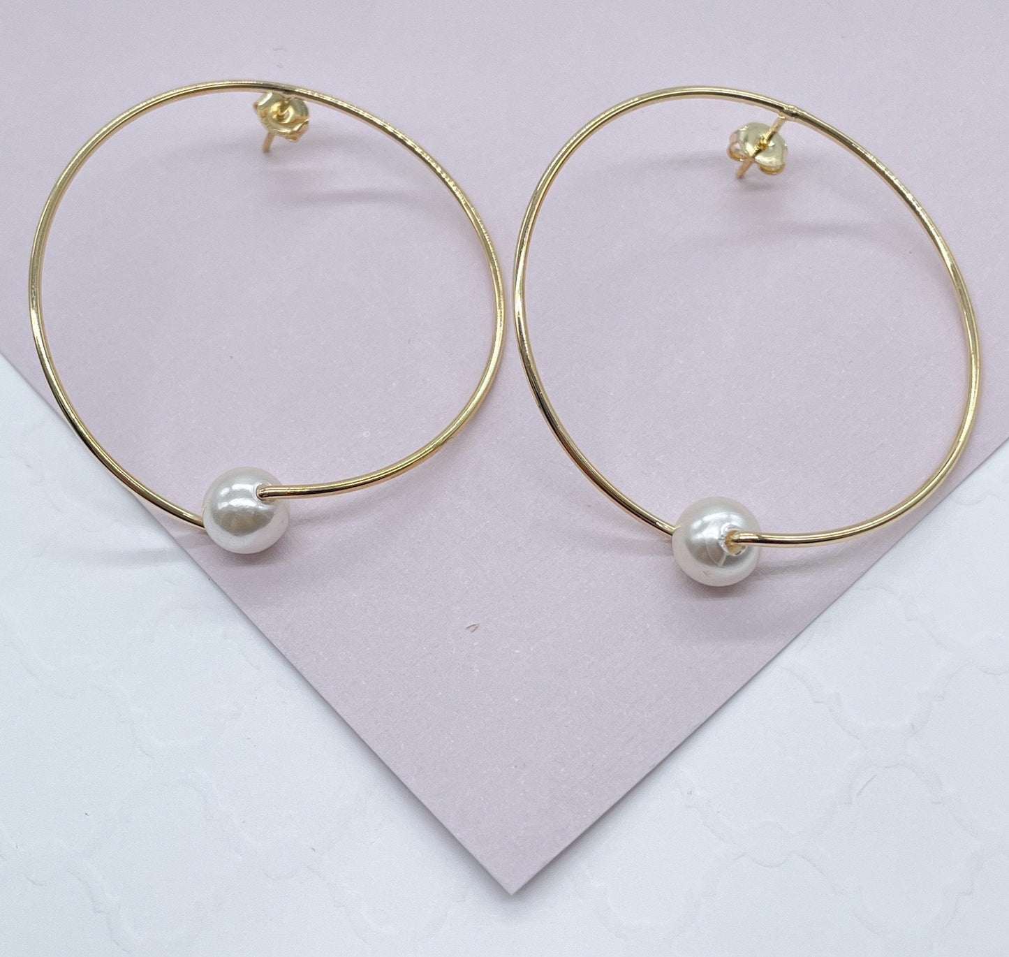 18k Gold Filled Designed Thin Hoop Earring With Simulated Pearl