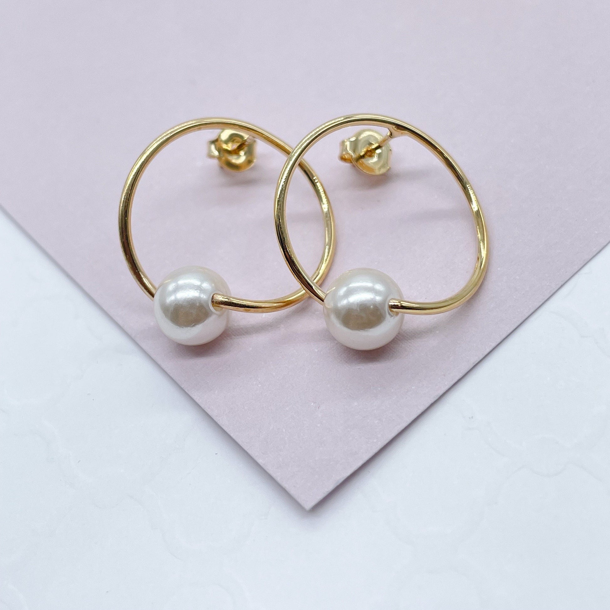 18k Gold Filled Designed Thin Hoop Earring With Simulated Pearl Wholesale