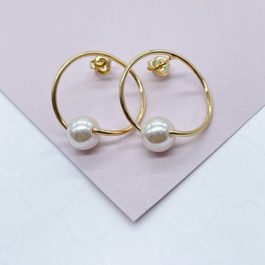 18k Gold Filled Designed Thin Hoop Earring With Simulated Pearl Wholesale