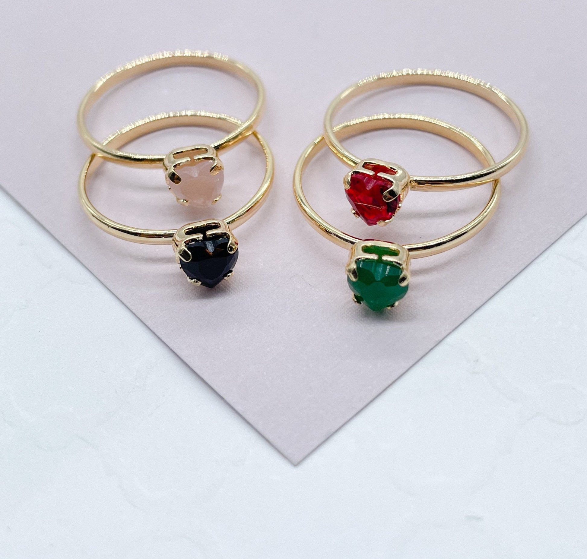 Thin 18k Gold Filled Ring Featuring Solitaire Colorful Heart Shape Cubic Zirconia Jewelry