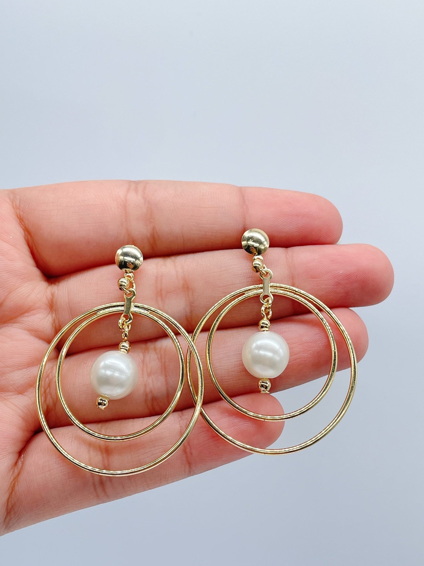 18k Gold Filled Double Stacked Hoop Earrings Featuring Simulated Pearl Dangling In The Middle