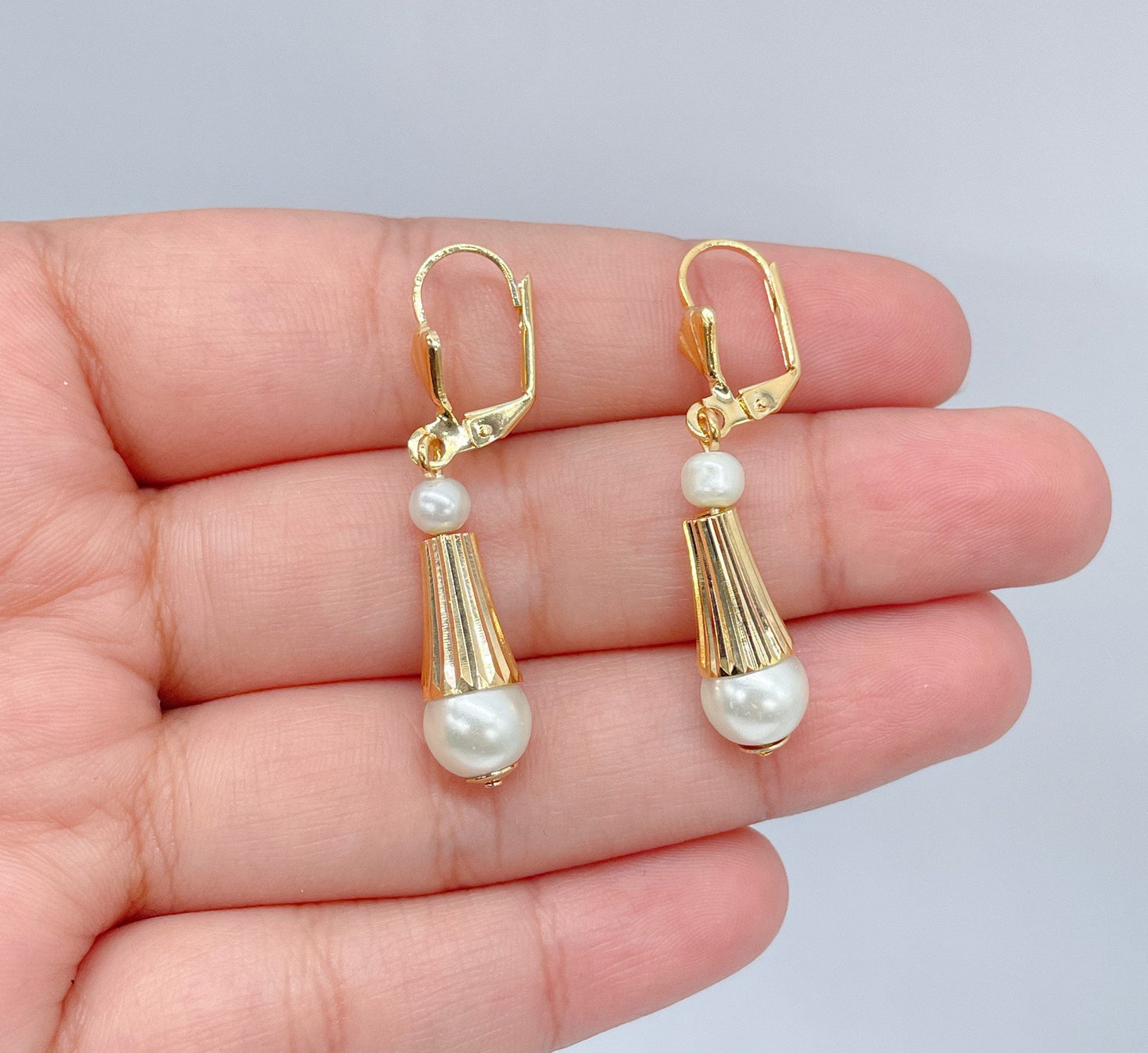 18k Gold Filled Dangling Earring With Simulated Pearl Ball Attached To The