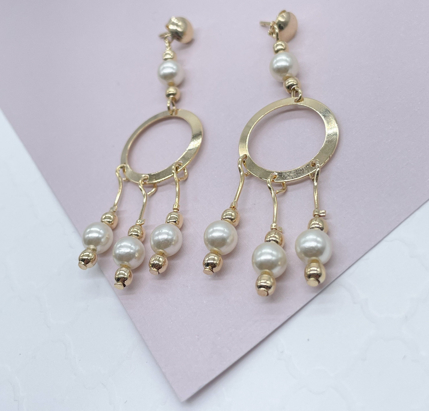 18k Gold Filled Boho Dreamcatcher Inspire Design Dangle Earrings Featuring Details in Simulated Pearl Jewelry