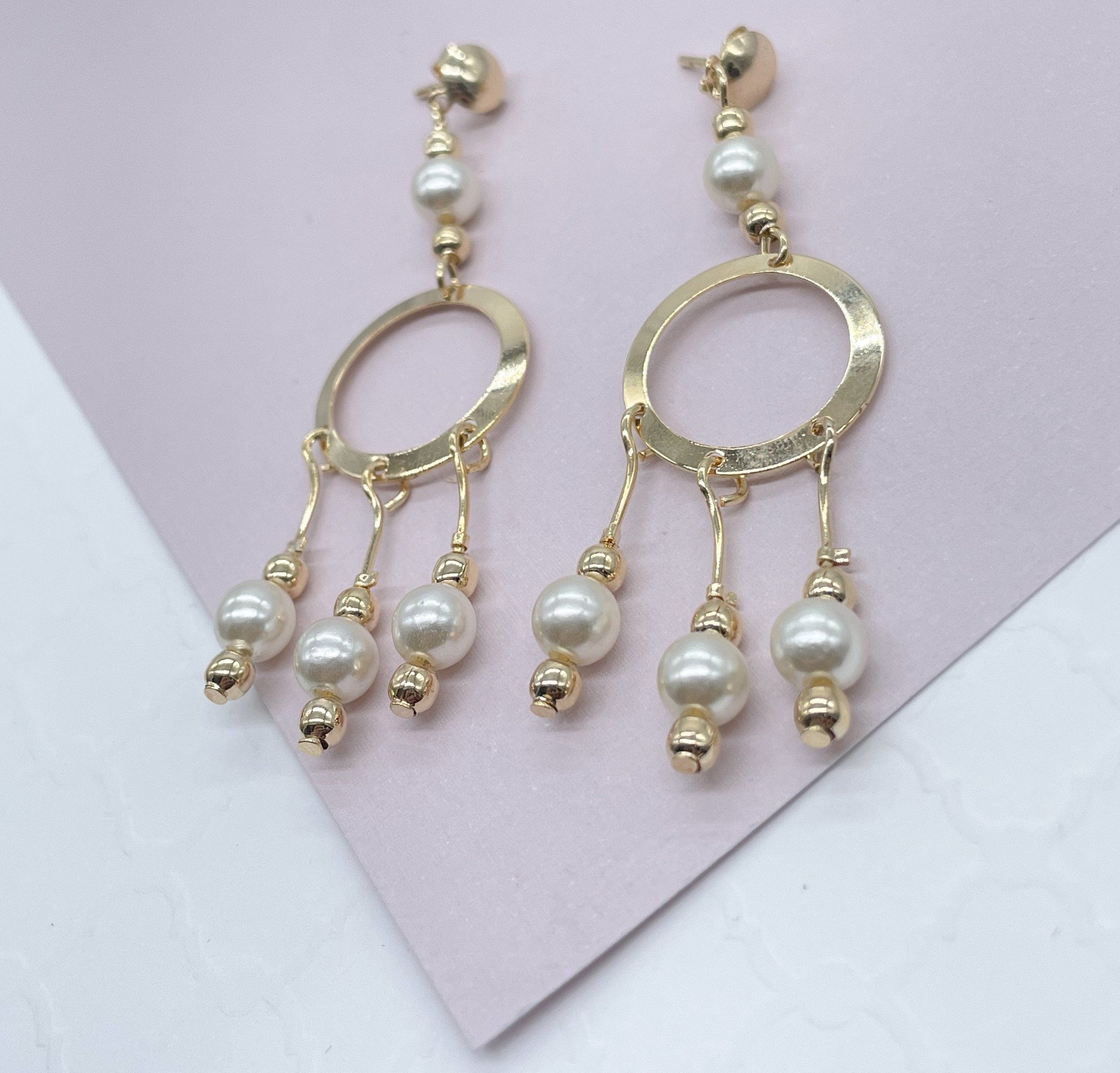18k Gold Filled Boho Dreamcatcher Inspire Design Dangle Earrings Featuring Details in Simulated Pearl Jewelry