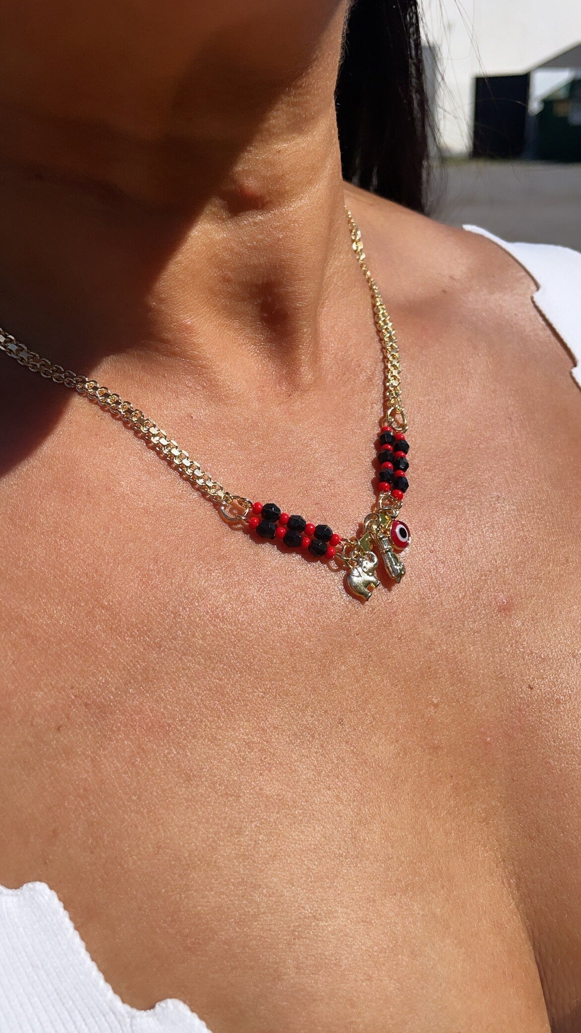 18k Gold Filled Protection “Figa” Hand, Red Evil Eye, Luck Elephant Charm