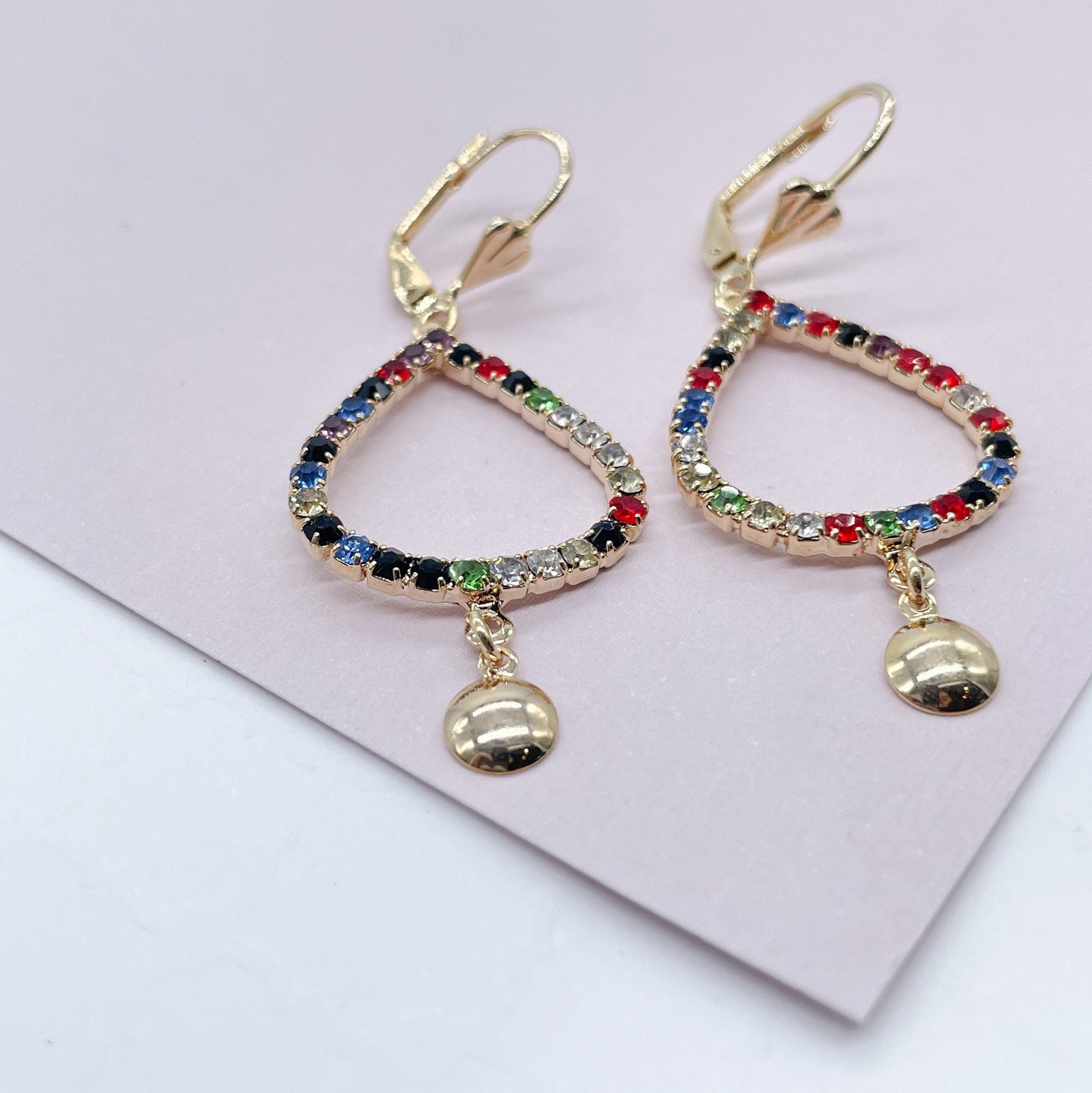 18k Gold Filled Drop Shape Leverback Earrings Featuring Multicolor Cubic Zirconia n Gold Circle Plate Jewelry
