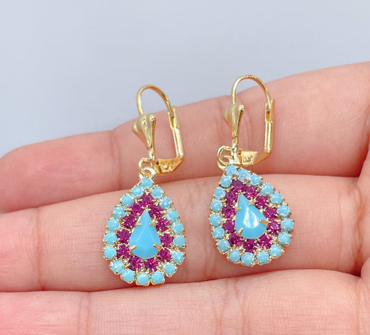 Drop Shape 18k Gold Filled Dangling Earrings Simulated Turquoise Surrounded by