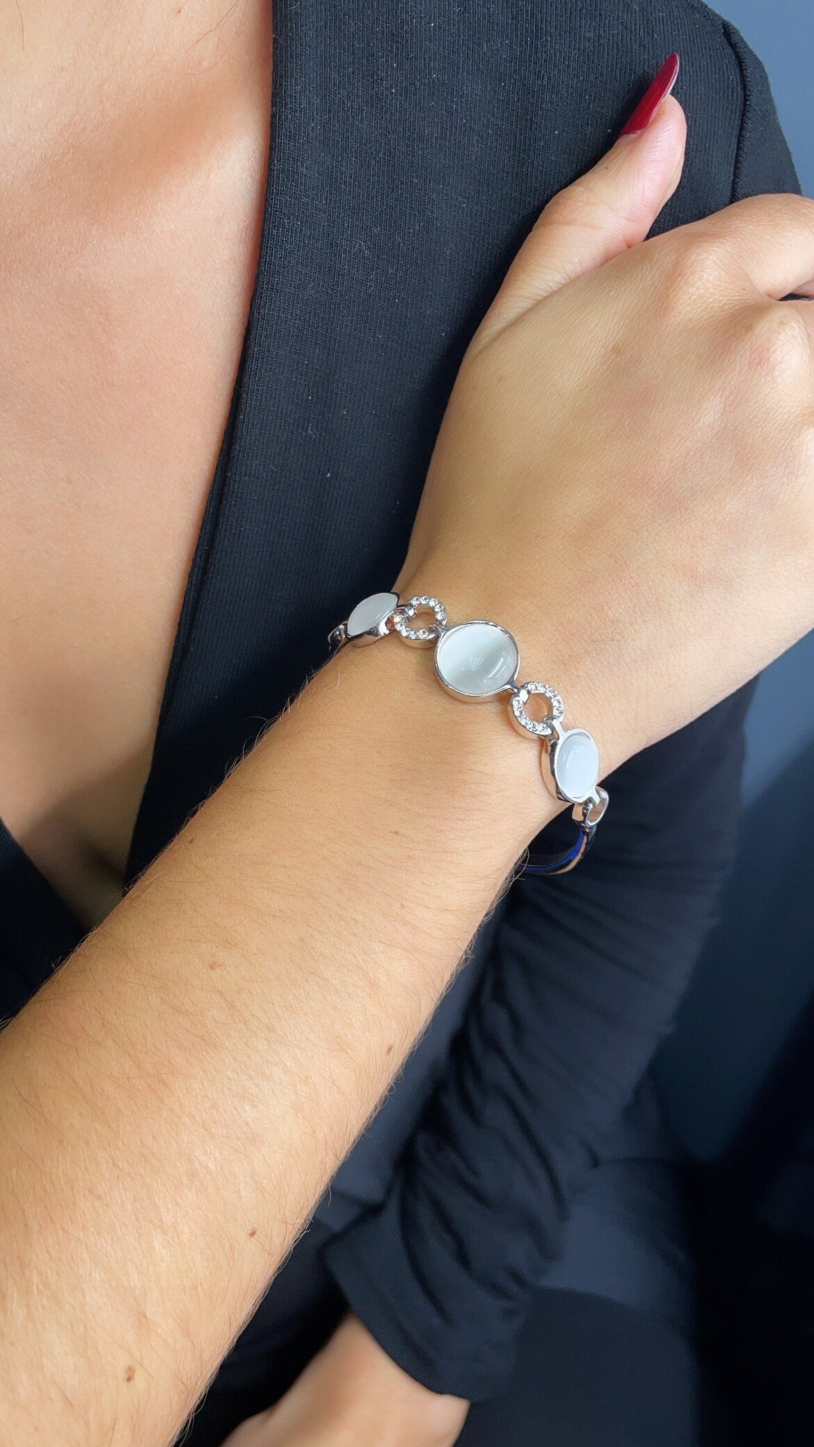 Silver Filled Cuff Bracelet with Milky White Colored Stones and Zirconia Setting Jewelry