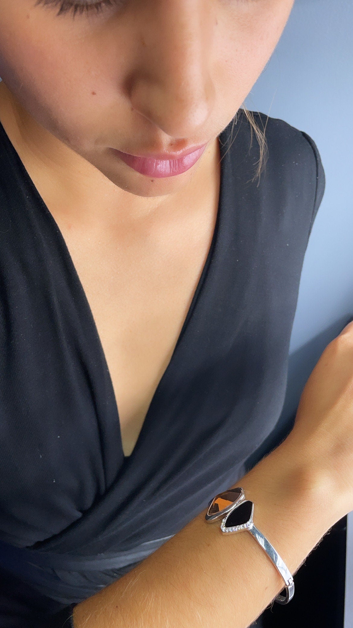 Silver Filled Cuff Bracelet With Simulated Soft Brown and Black Stones Partially Layered With Micro Pave Cubic Zirconia