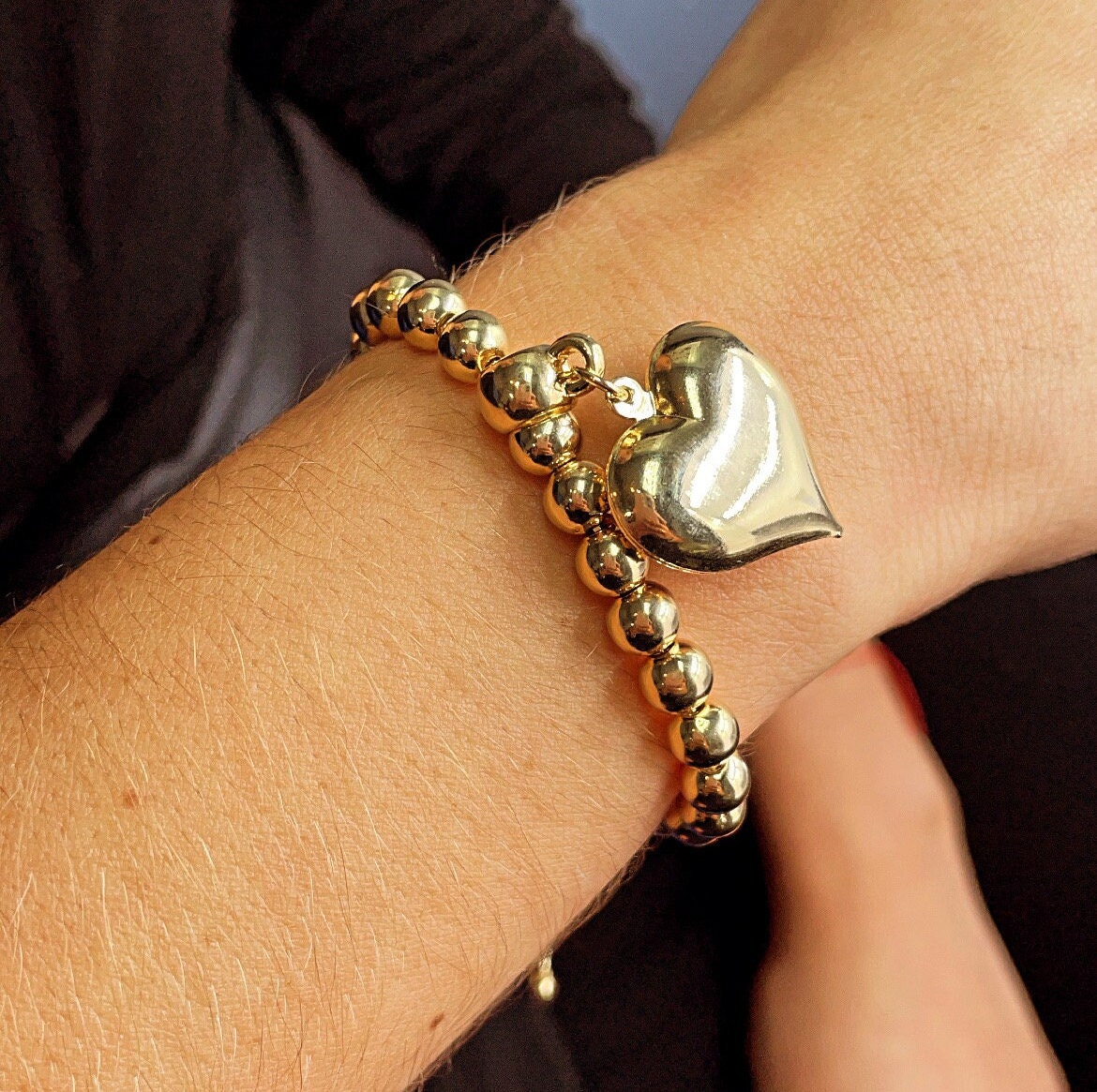 18k Gold Filled Beaded Bracelet with Chunky Heart Charm