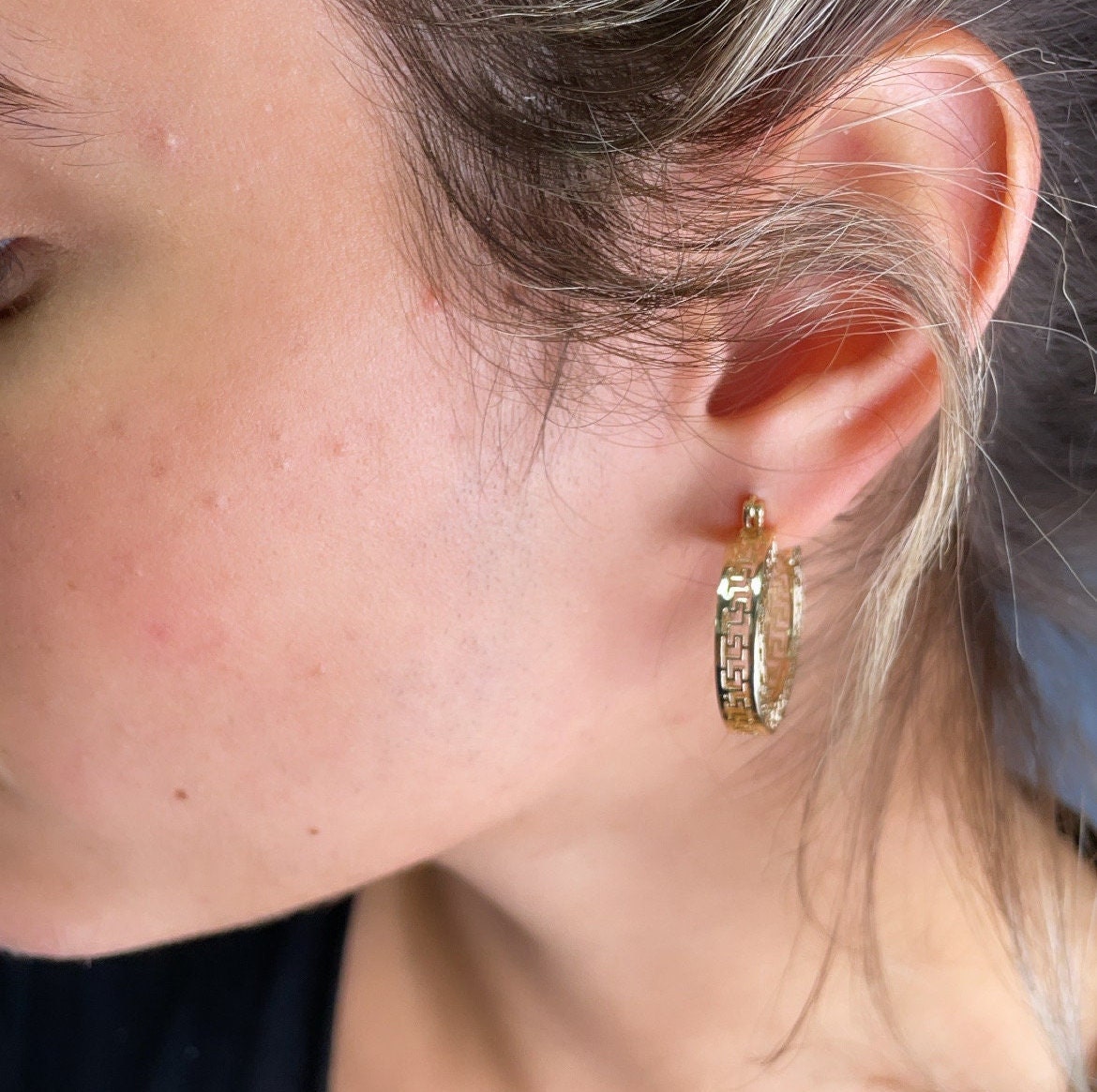18k Gold Filled Hoop Earrings: Geometric Roman Pattern
