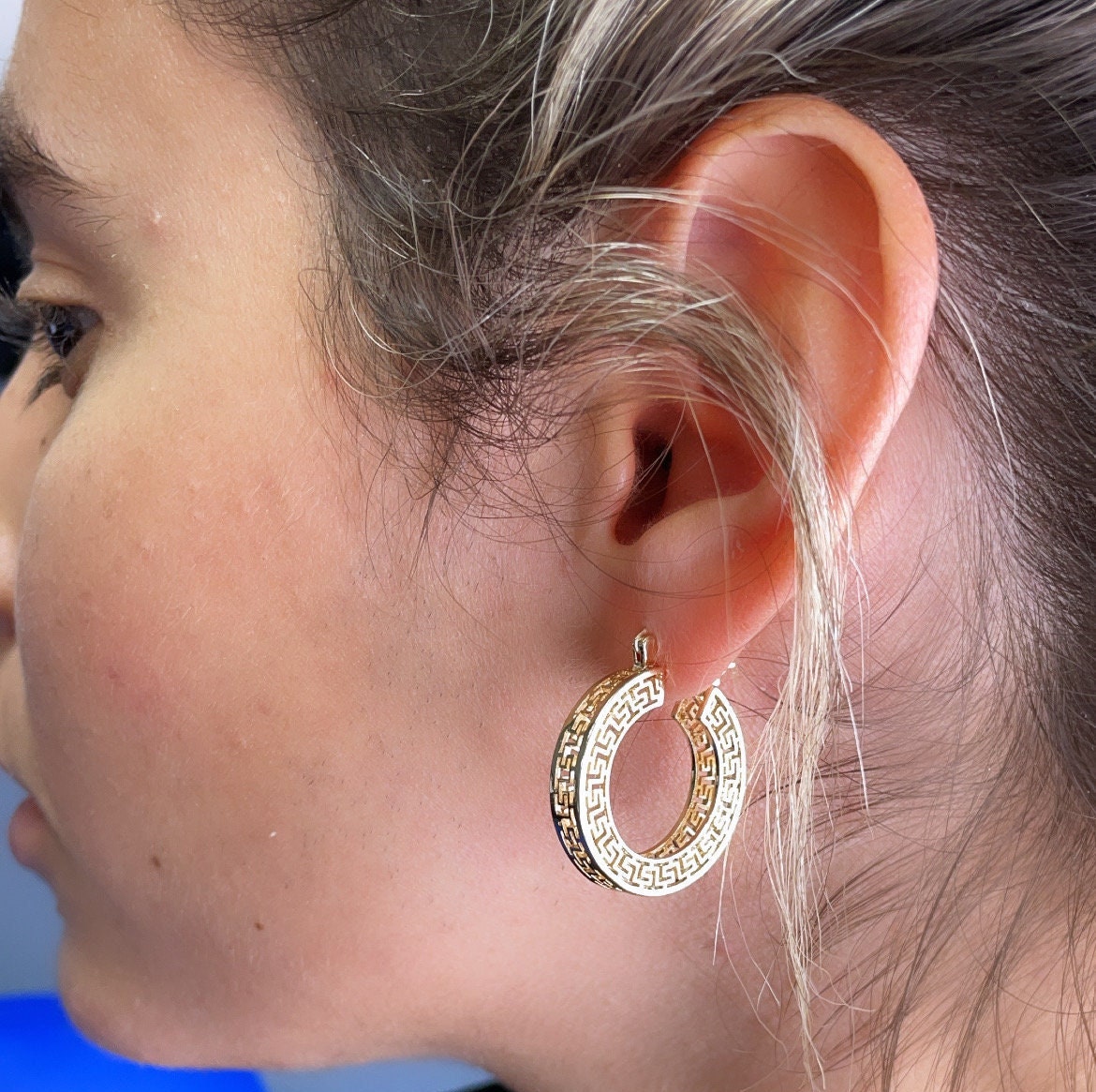 18k Gold Filled Hoop Earrings: Geometric Roman Pattern