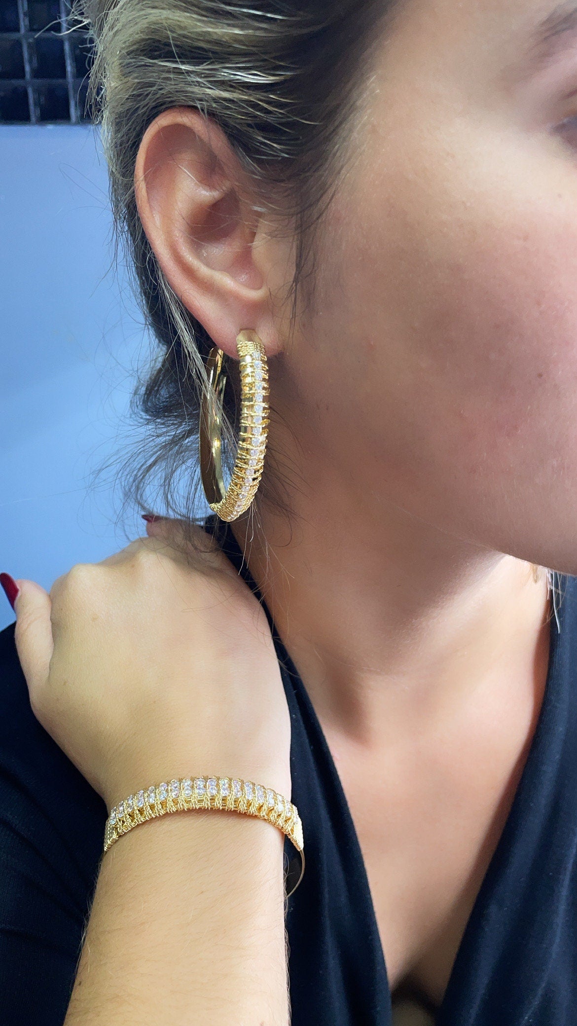 18k Gold Filled Hoop Earrings with Twisted Thread & Cubic Zircon