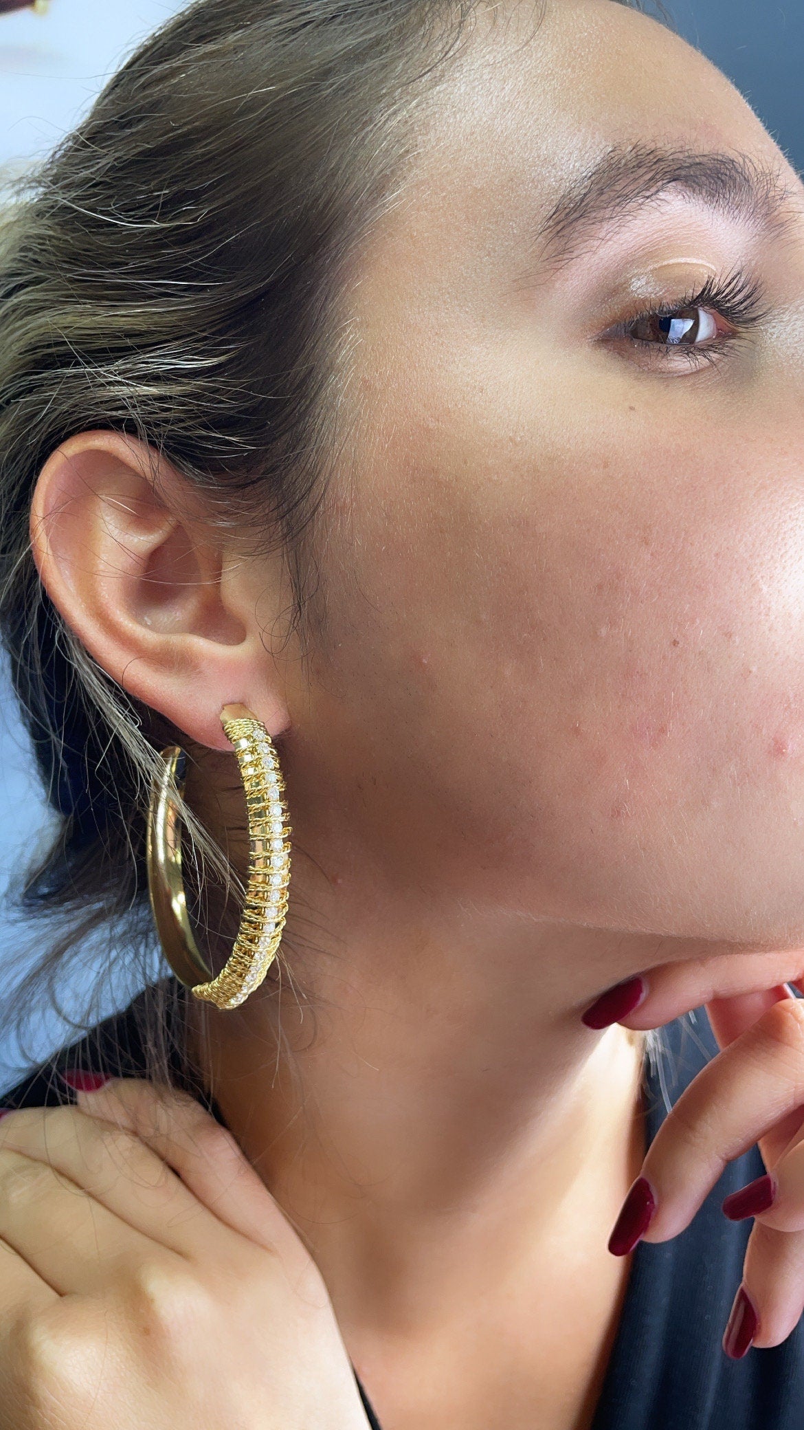 18k Gold Filled Hoop Earrings Hand Wrapped With Gold Twisted Thread With Cubic Zircon Stones Jewelry