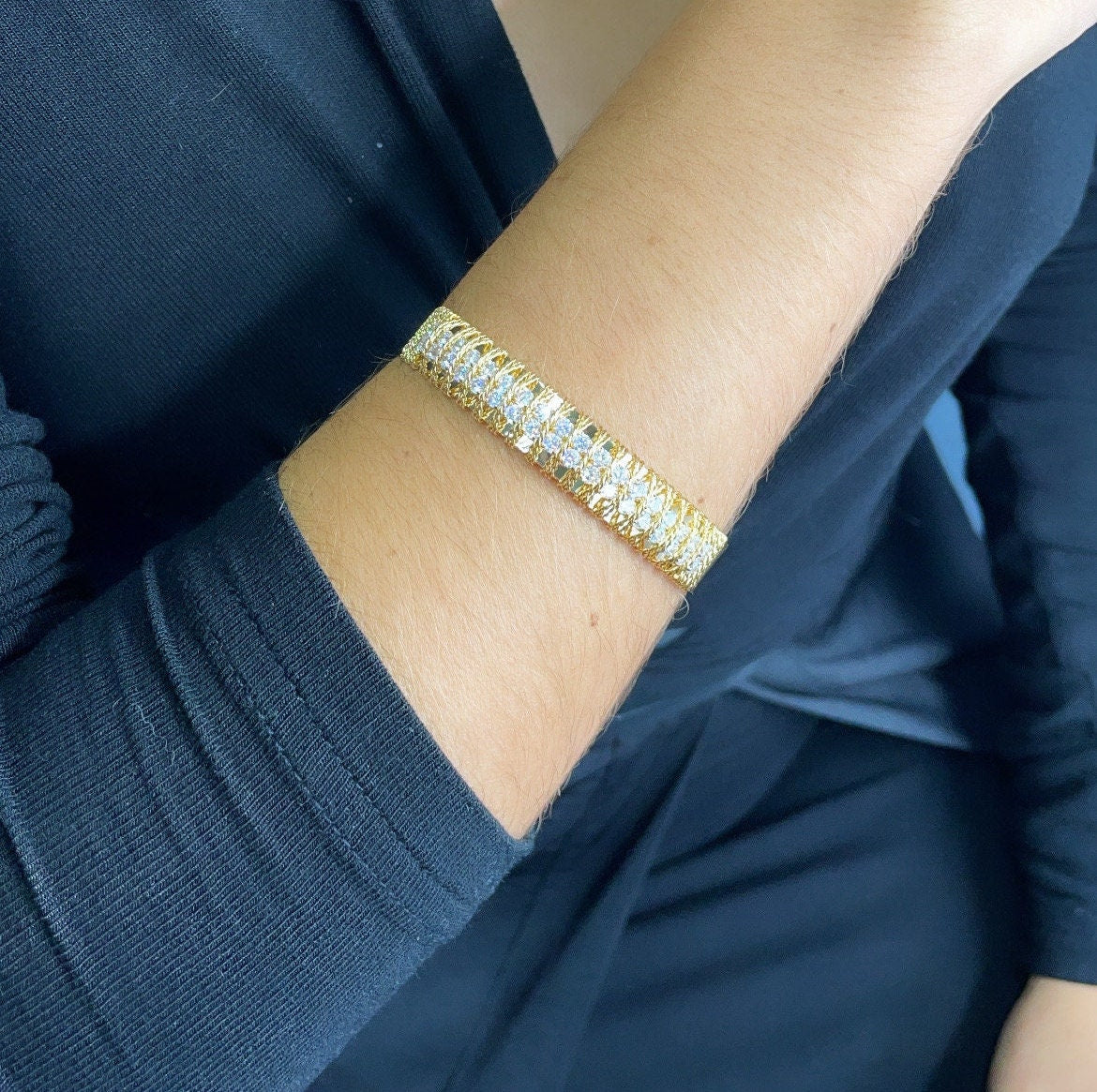 18k Gold Filled Flat Plain Cuff Bracelet Hand Wrapped Twisted Gold Thread Featuring Two Rows Of Cubic Zirconia Stones Jewelry