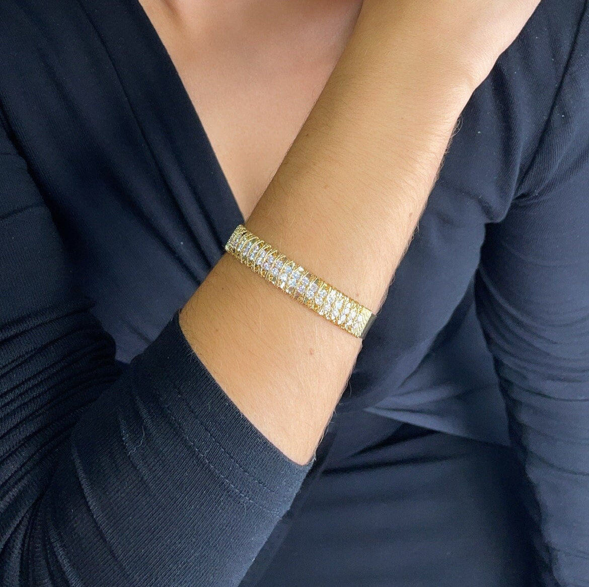 18k Gold Filled Flat Plain Cuff Bracelet Hand Wrapped Twisted Gold Thread Featuring Two Rows Of Cubic Zirconia Stones Jewelry