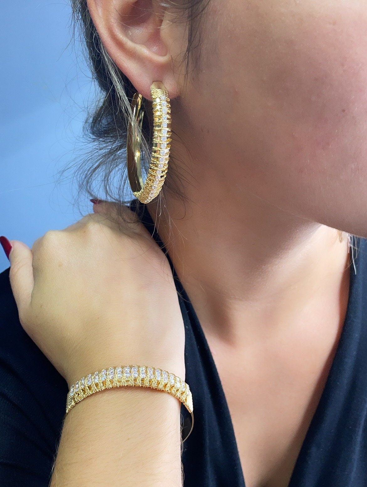 18k Gold Filled Flat Plain Cuff Bracelet Hand Wrapped Twisted Gold Thread Featuring Two Rows Of Cubic Zirconia Stones Jewelry