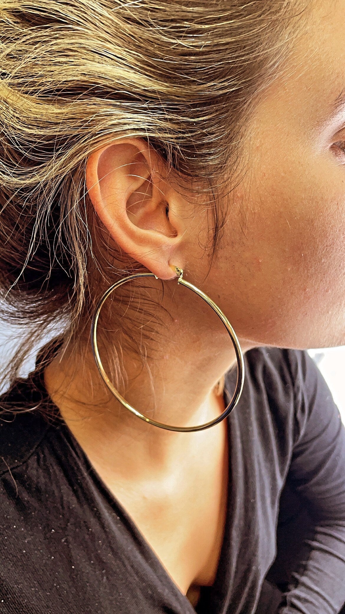 Bestgoldshop 3mm X 80mm Large Plain Shiny Hoop Earrings - Real 14K Yellow Gold, Italy