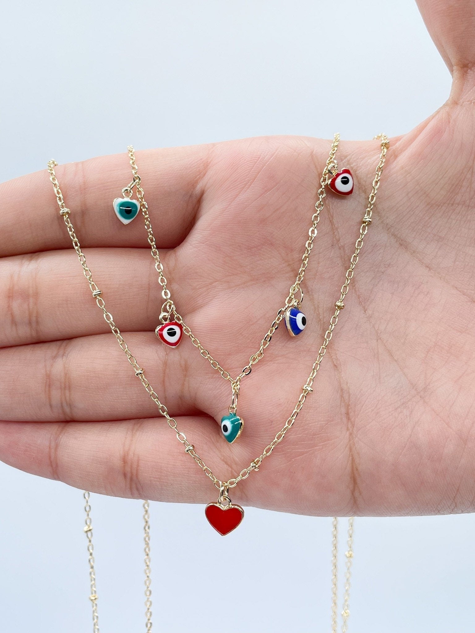 18k Gold Filled Layered Thin Satellite Chain Necklaces with 5 Colorful Evil Eyes